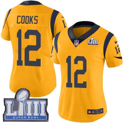 Women Nike Rams 12 Brandin Cooks Gold 2019 Super Bowl LIII Color Rush Limited Jersey,We sell and wholesale Women Nike Rams 12 Brandin Cooks Gold 2019 Super Bowl LIII Color Rush Limited Jersey on line form chian!